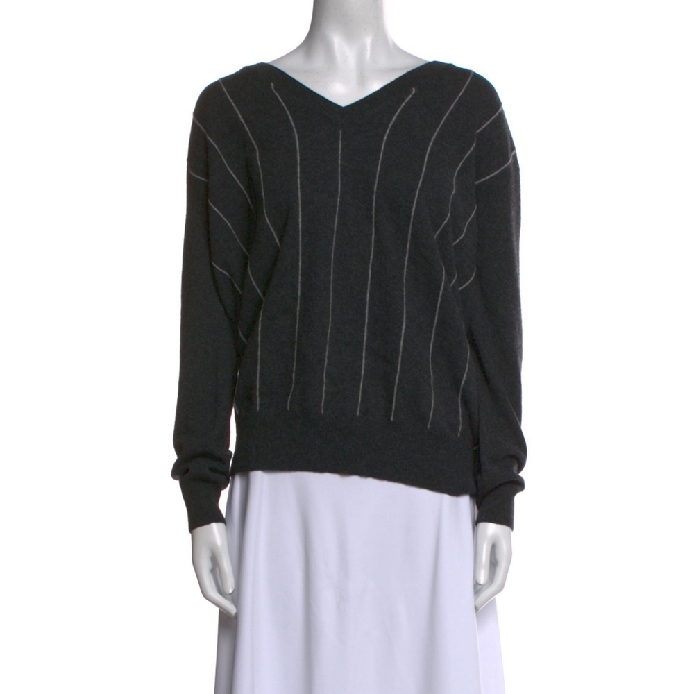 Autumn Cashmere V-Neck Sweater Pinstripe Cashmere Knit Size Small Grey